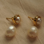 A pair of By Glaze recycled 18k gold hoop earrings with white double pearl drops perfect for bridal jewellery, bridesmaids or a chic statement pair 
